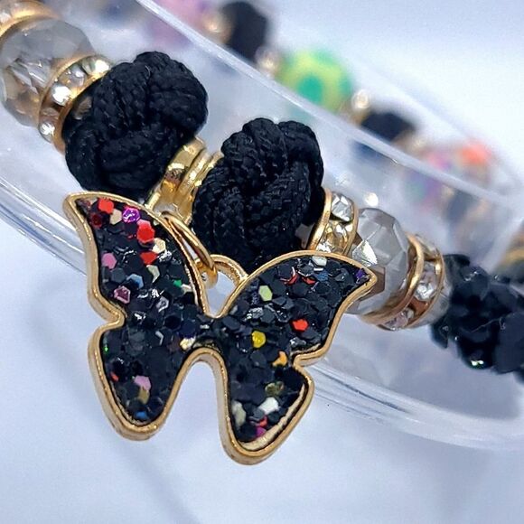 Butterfly Sparkly Beaded Black Cord Bracelet Handmade Stretchy Cottagecore New - Picture 2 of 9